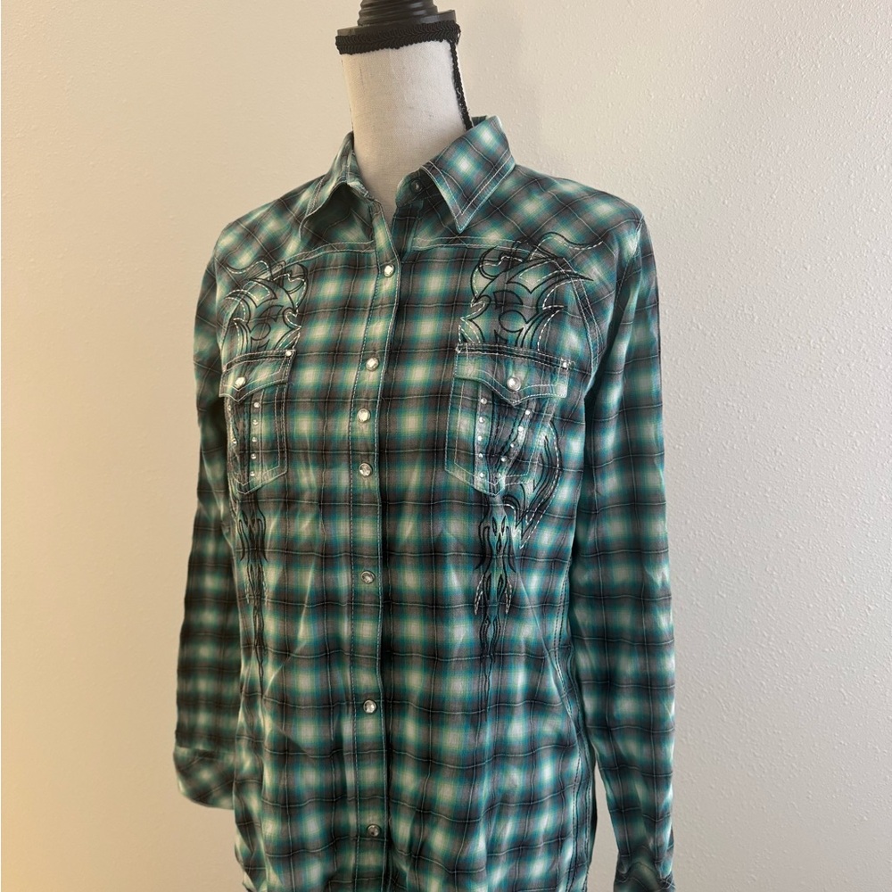 Wrangler Rock 47 Teal Plaid Button Down Shirt with pearl buttons